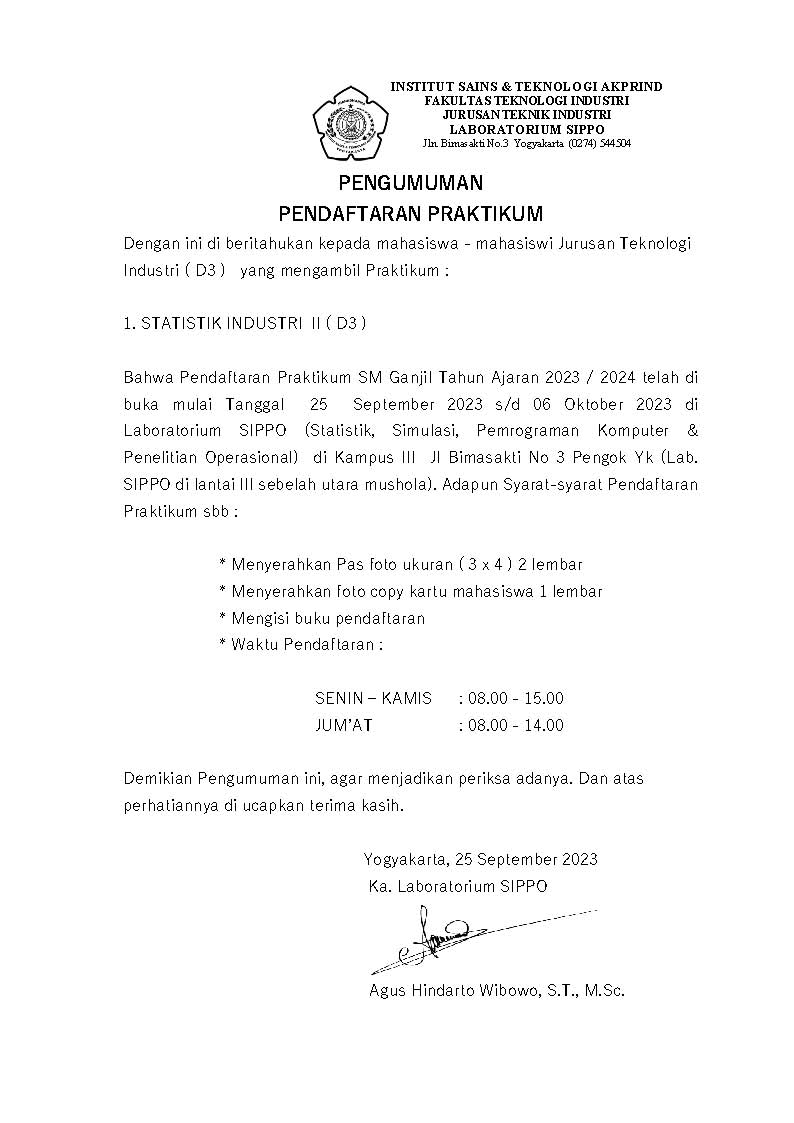 Pendaftaran Praktikum Statistik Industri II 23.1