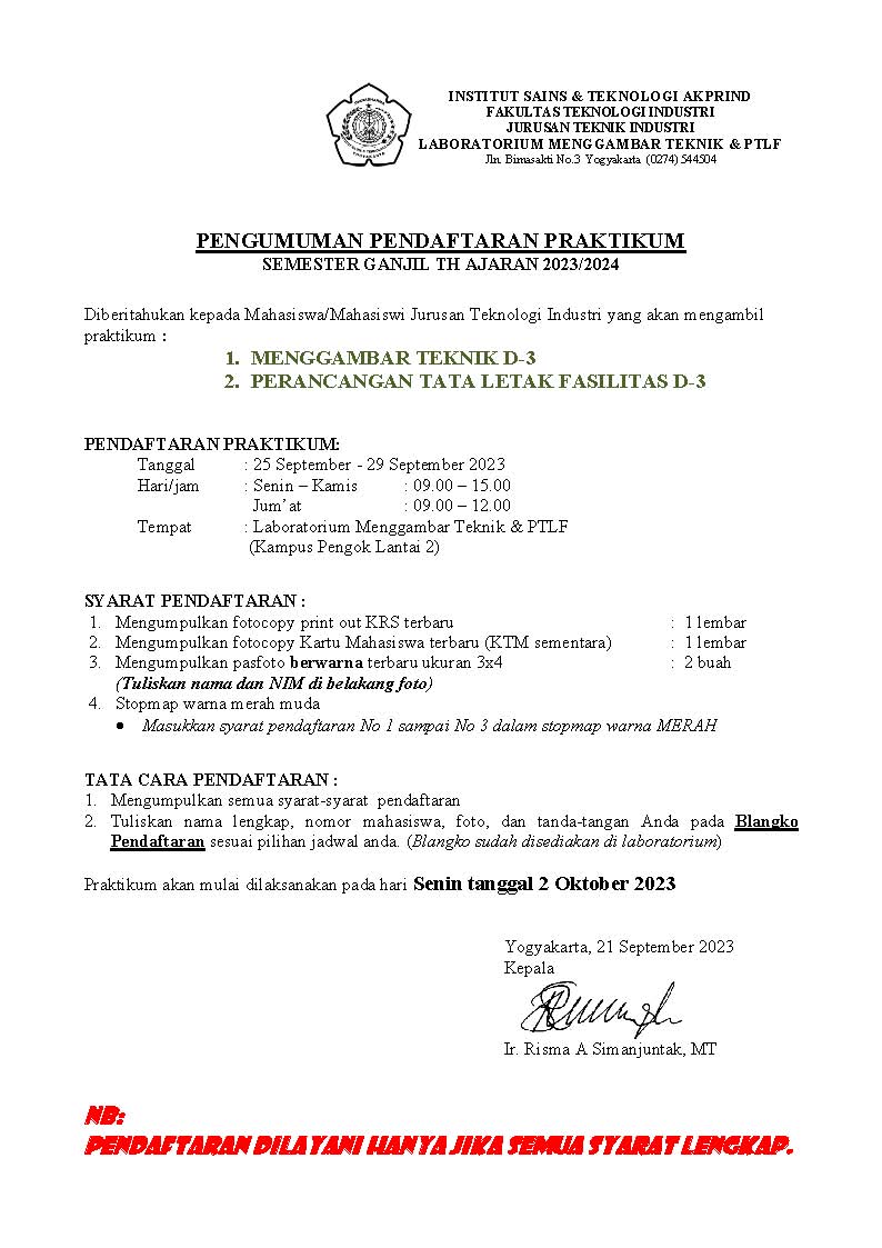 Pendaftaran Praktikum Menggambar Teknik & PTLF